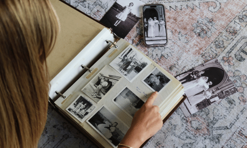 Reminiscing on old photos in family albums